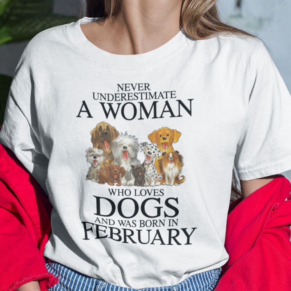 Awesome Never Underestimate Woman Loves Dogs Born In February Shirt